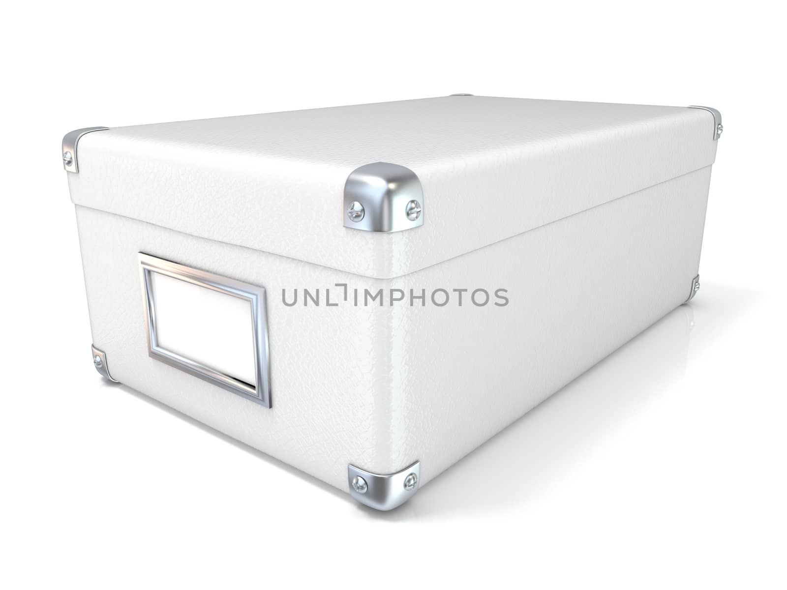 White leather closed box, with chrome corners and blank label. Side view. 3D render illustration isolated on white background
