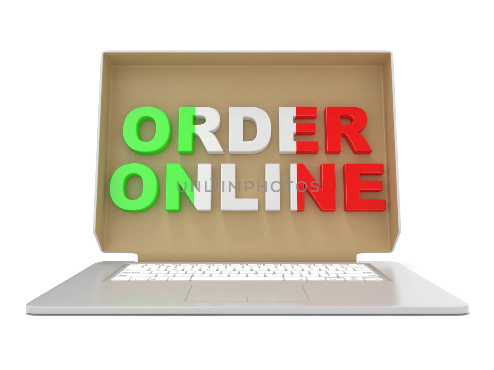 Order online - Italian food. Cardboard box cover on laptop. 3D by djmilic