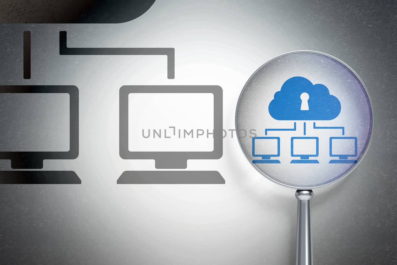 Cloud computing concept: magnifying optical glass with Cloud Network icon on digital background, empty copyspace for card, text, advertising, 3D rendering