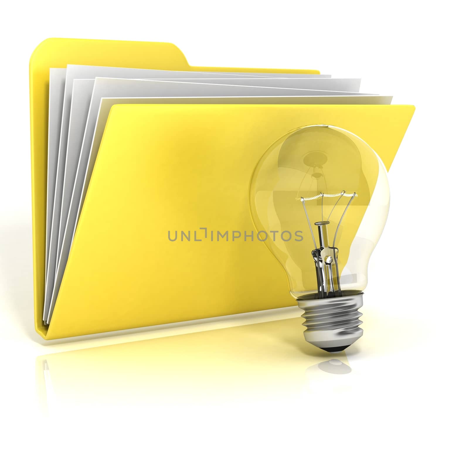 Light bulb, idea folder icon, 3D render illustration, isolated on white background