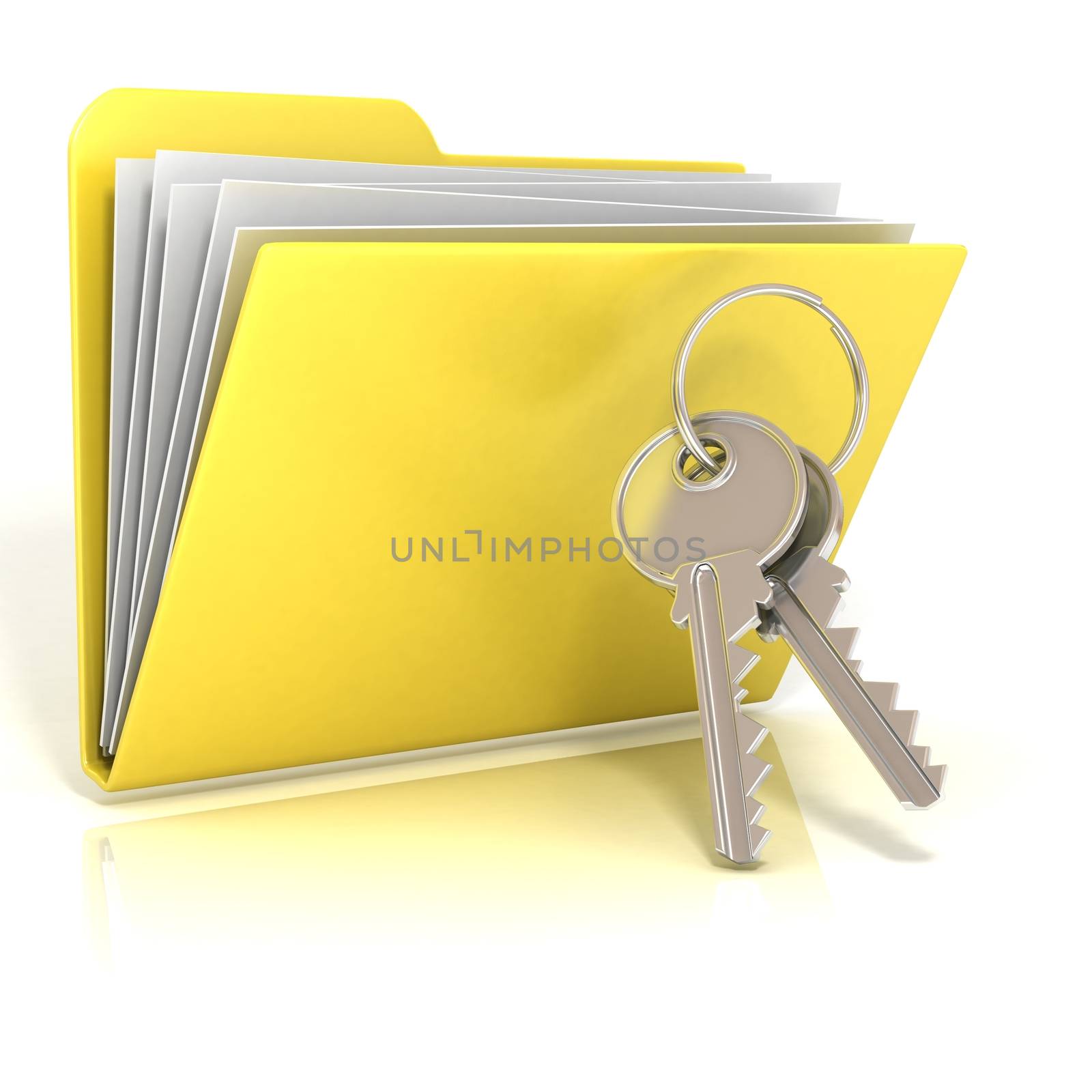 Keys and folder icon. 3D render illustration, isolated on white background