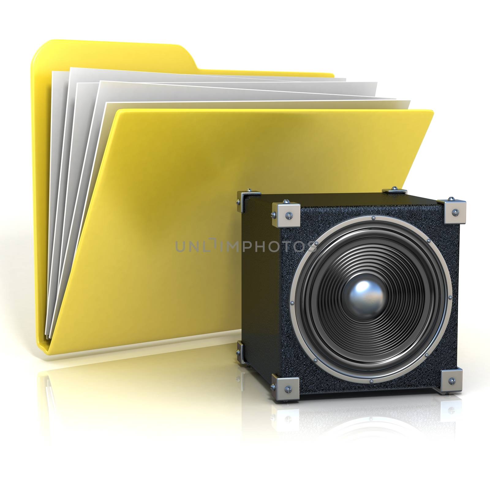 Folder icon with speaker. 3D render illustration, isolated on white background