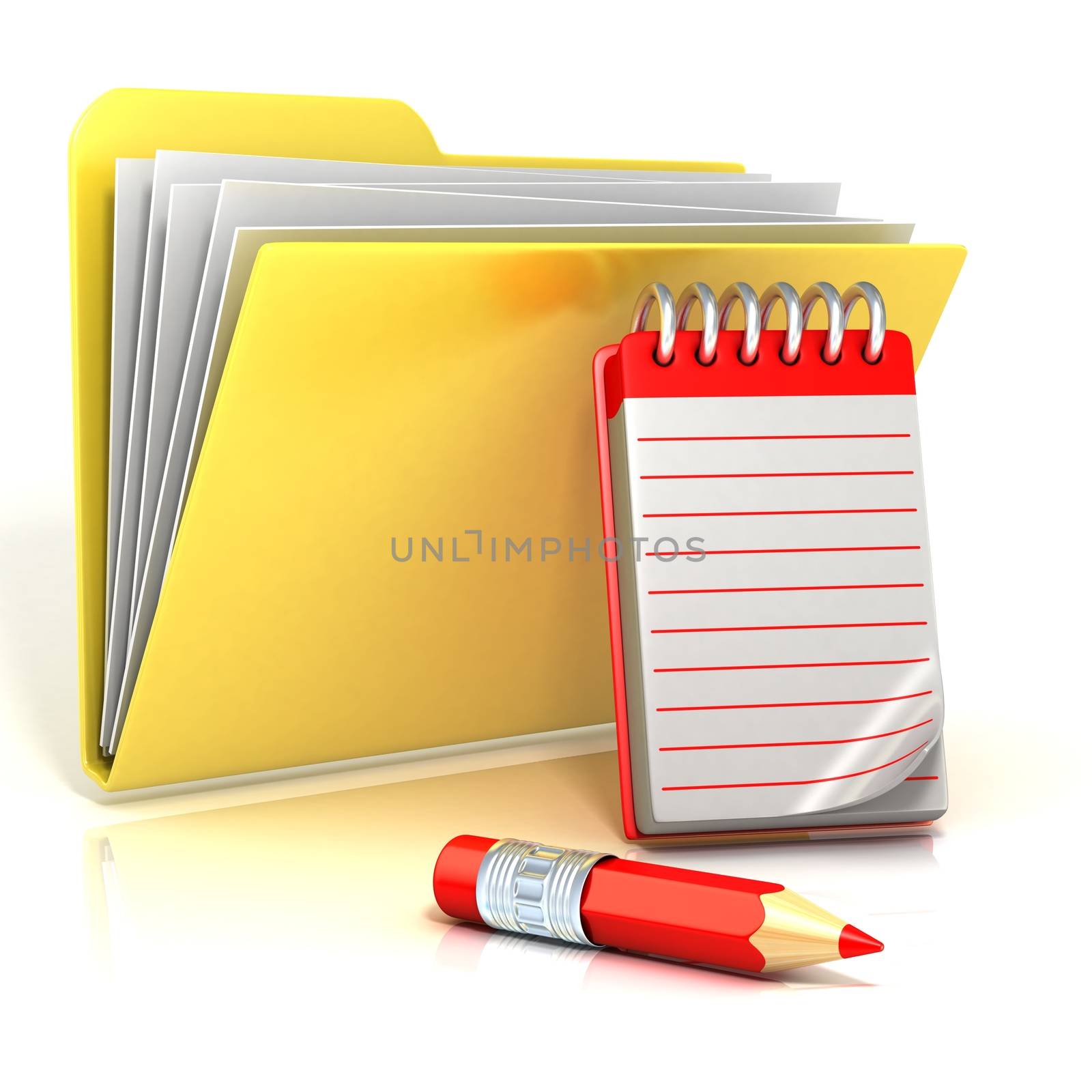 Folder icon with red pencil and notepad. 3D by djmilic