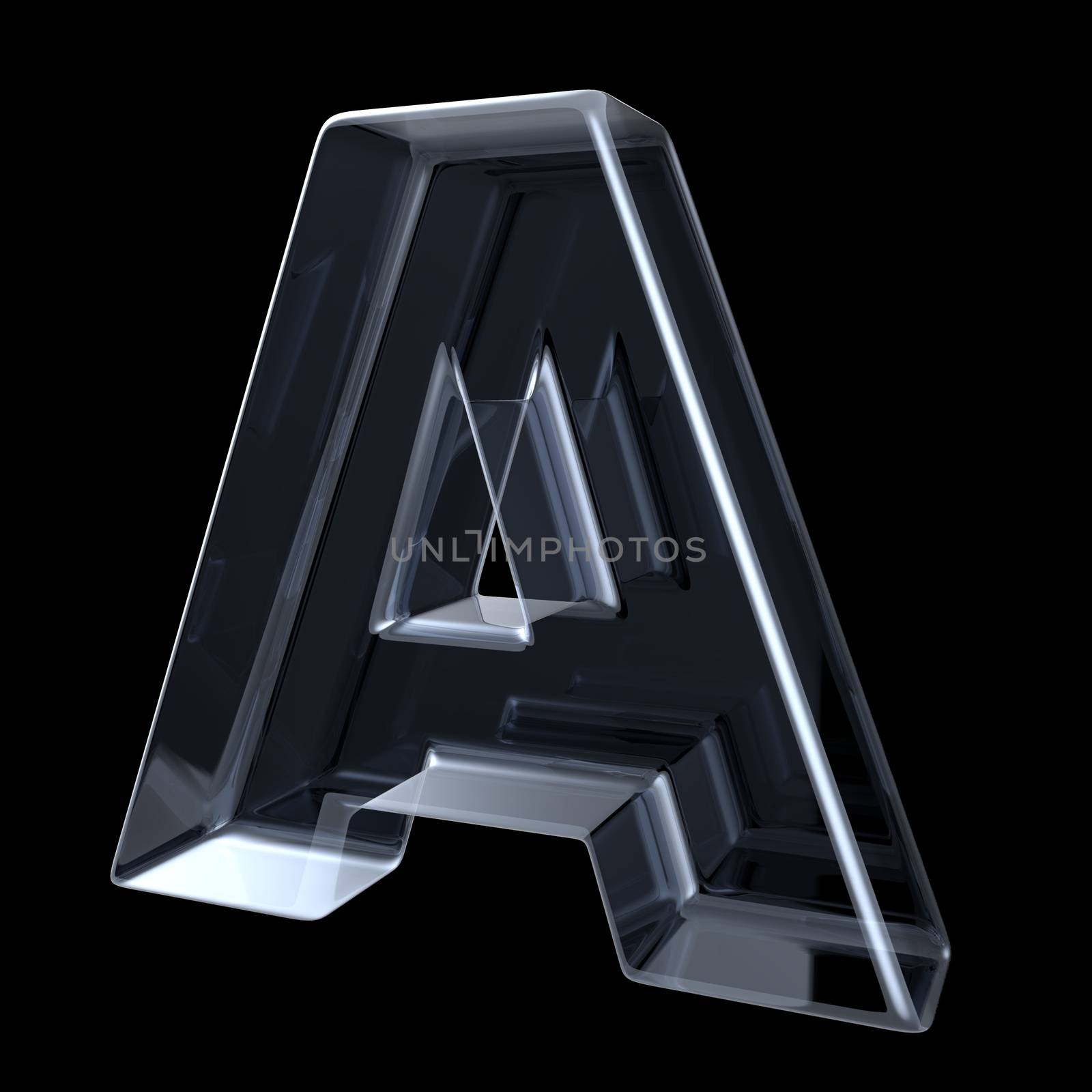 Transparent x-ray letter A. 3D render illustration on black background