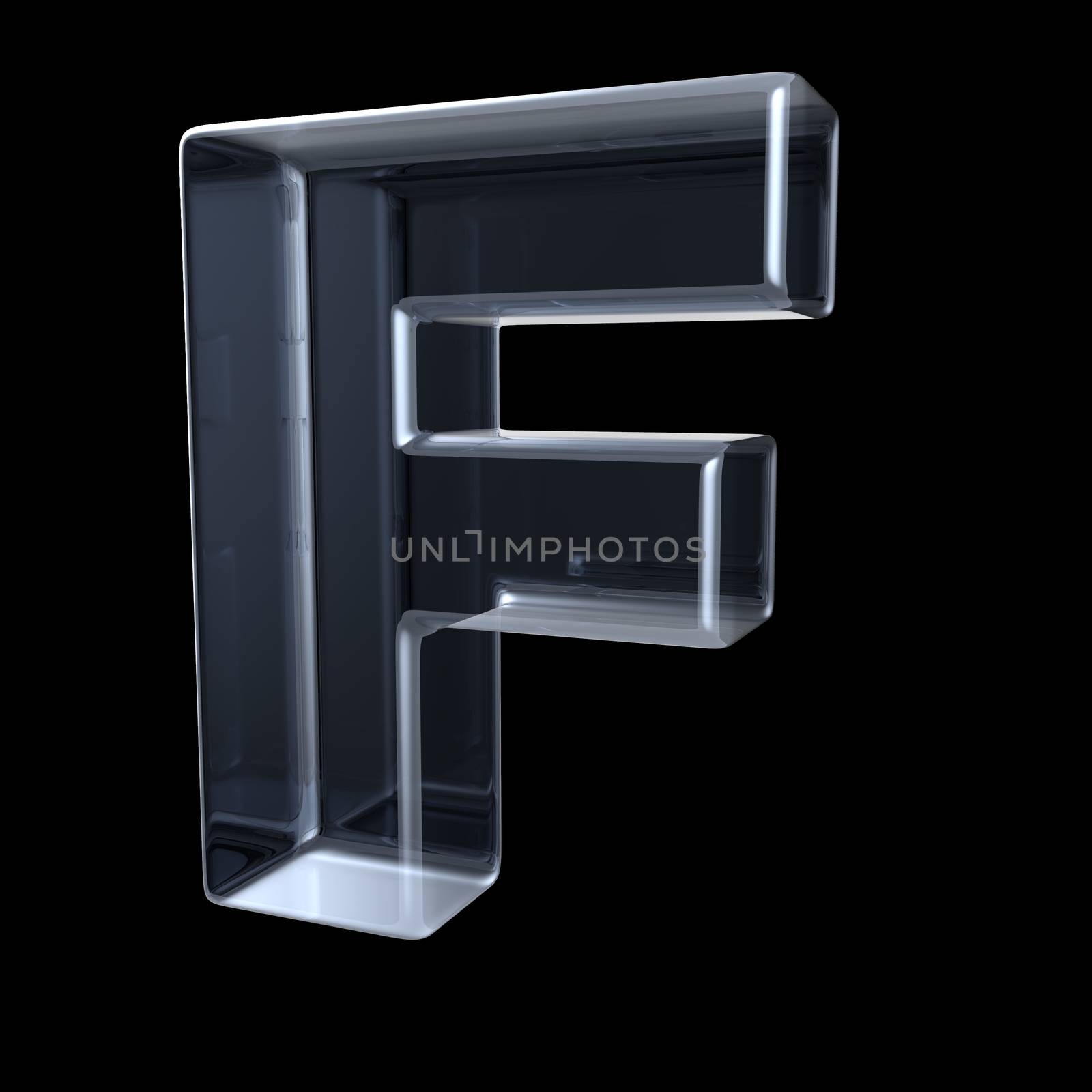 Transparent x-ray letter F. 3D render illustration on black background