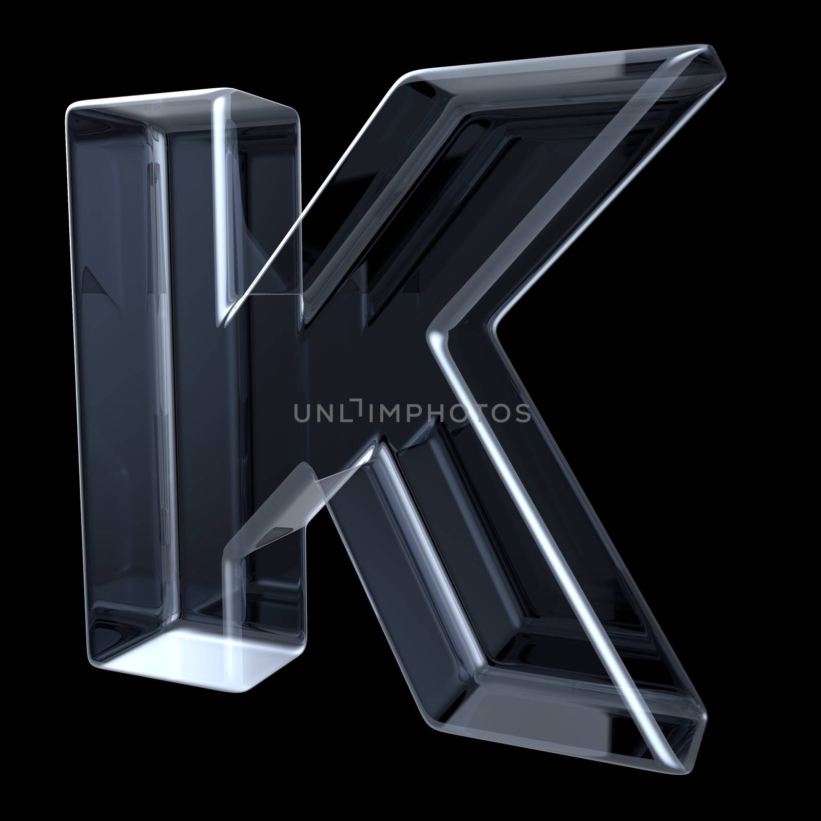 Transparent x-ray letter K. 3D render illustration on black background
