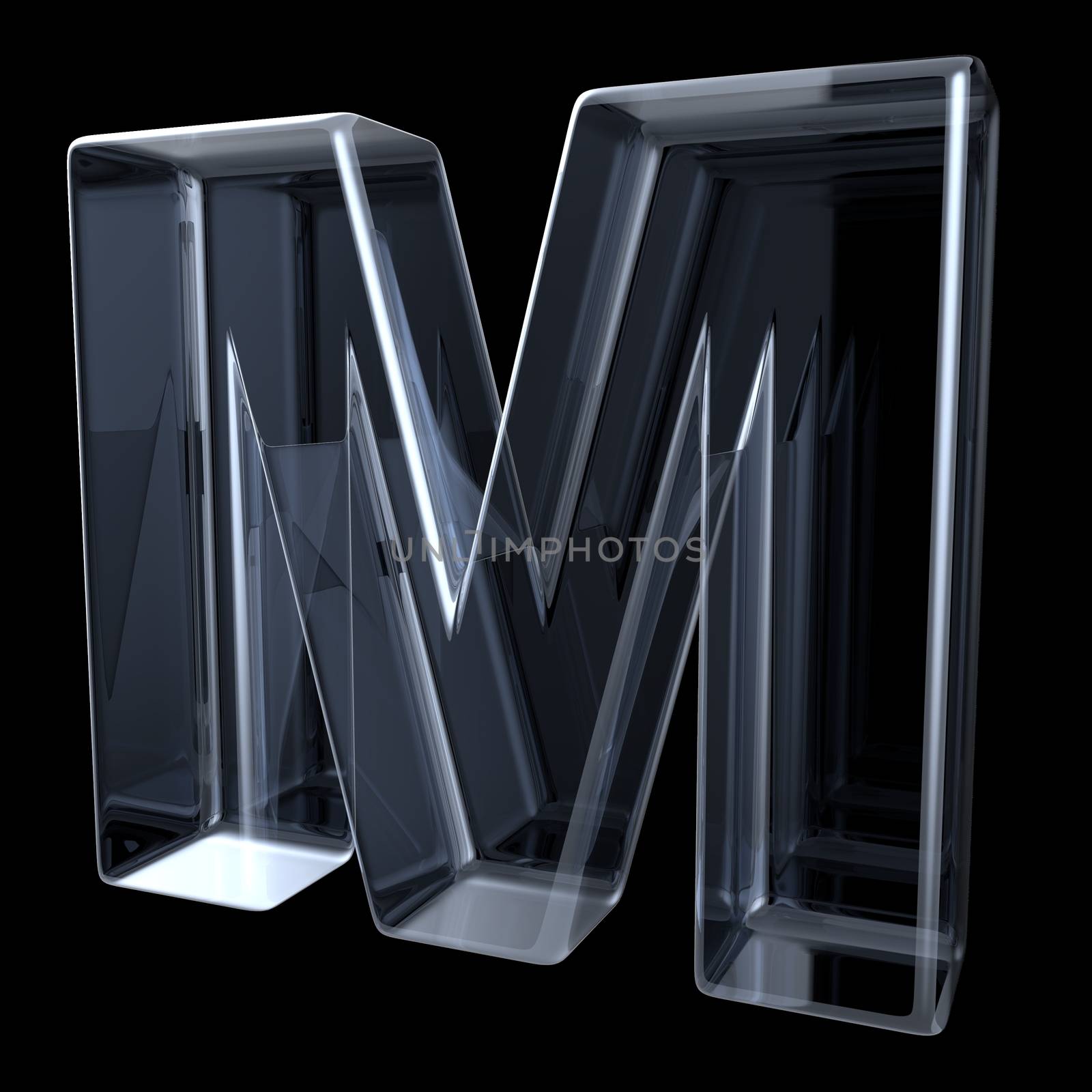 Transparent x-ray letter M. 3D render illustration on black background