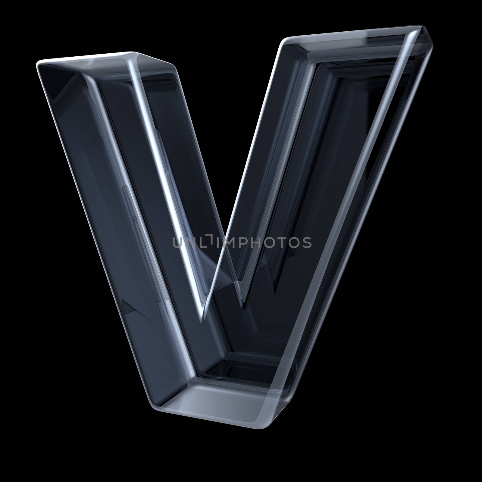 Transparent x-ray letter V. 3D render illustration on black background