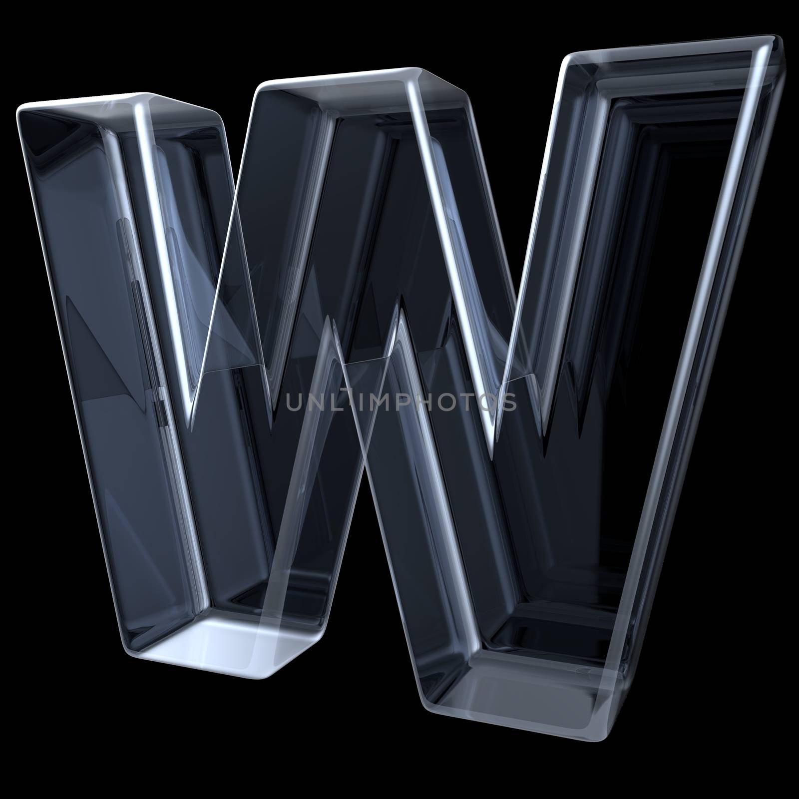 Transparent x-ray letter W. 3D render illustration on black background