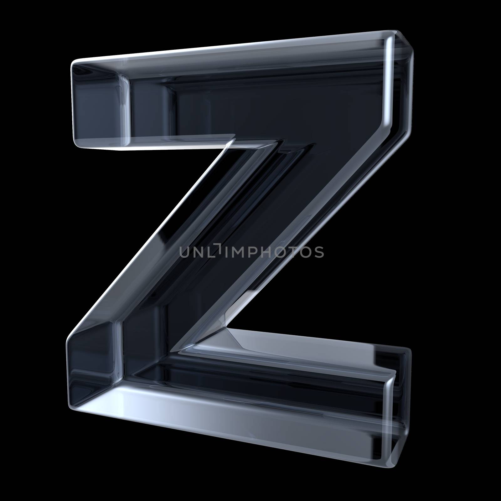 Transparent x-ray letter Z. 3D render illustration on black background