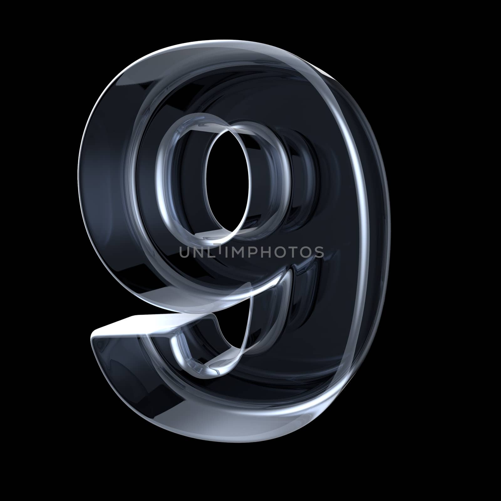 Transparent x-ray number 9 NINE. 3D render illustration on black background