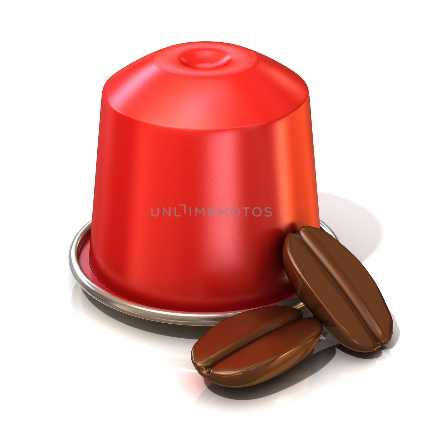 Red coffee capsule with two coffee beans. 3D render, isolated on white background. Front view