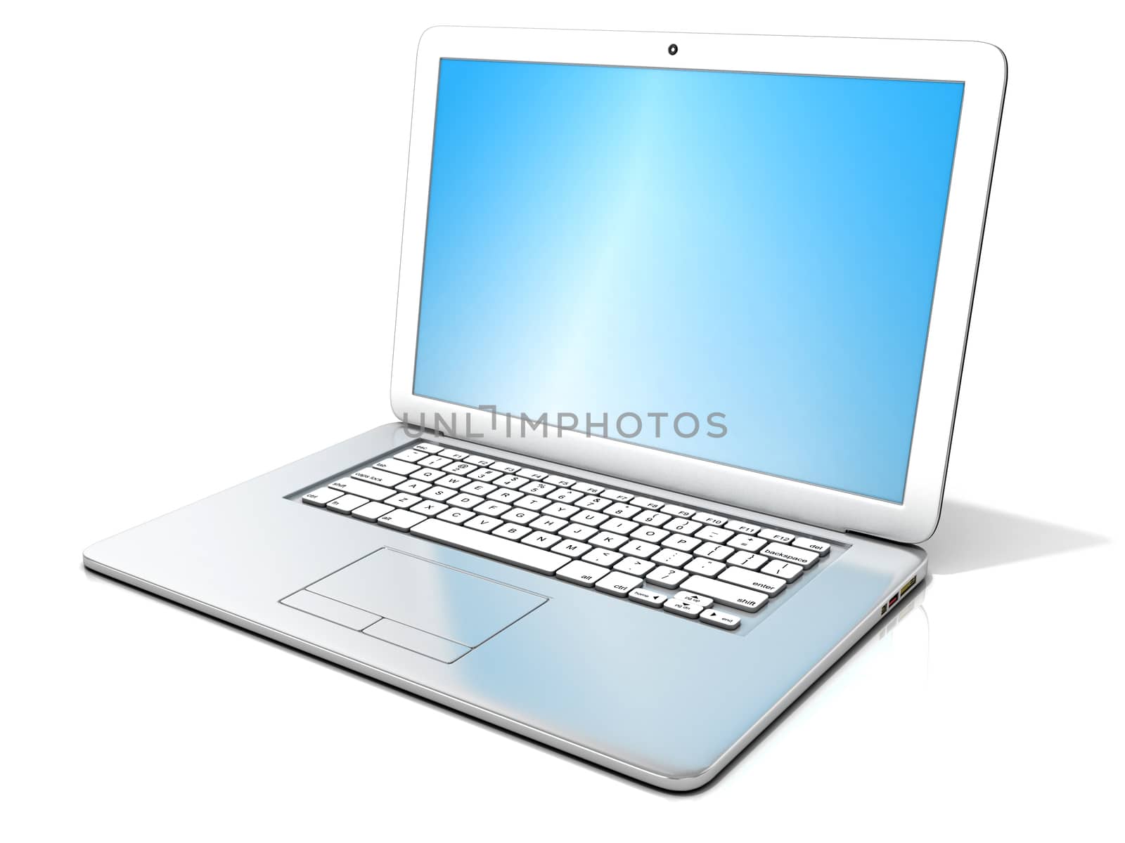 3D rendering of a open silver laptop with blue screen, isolated on white background