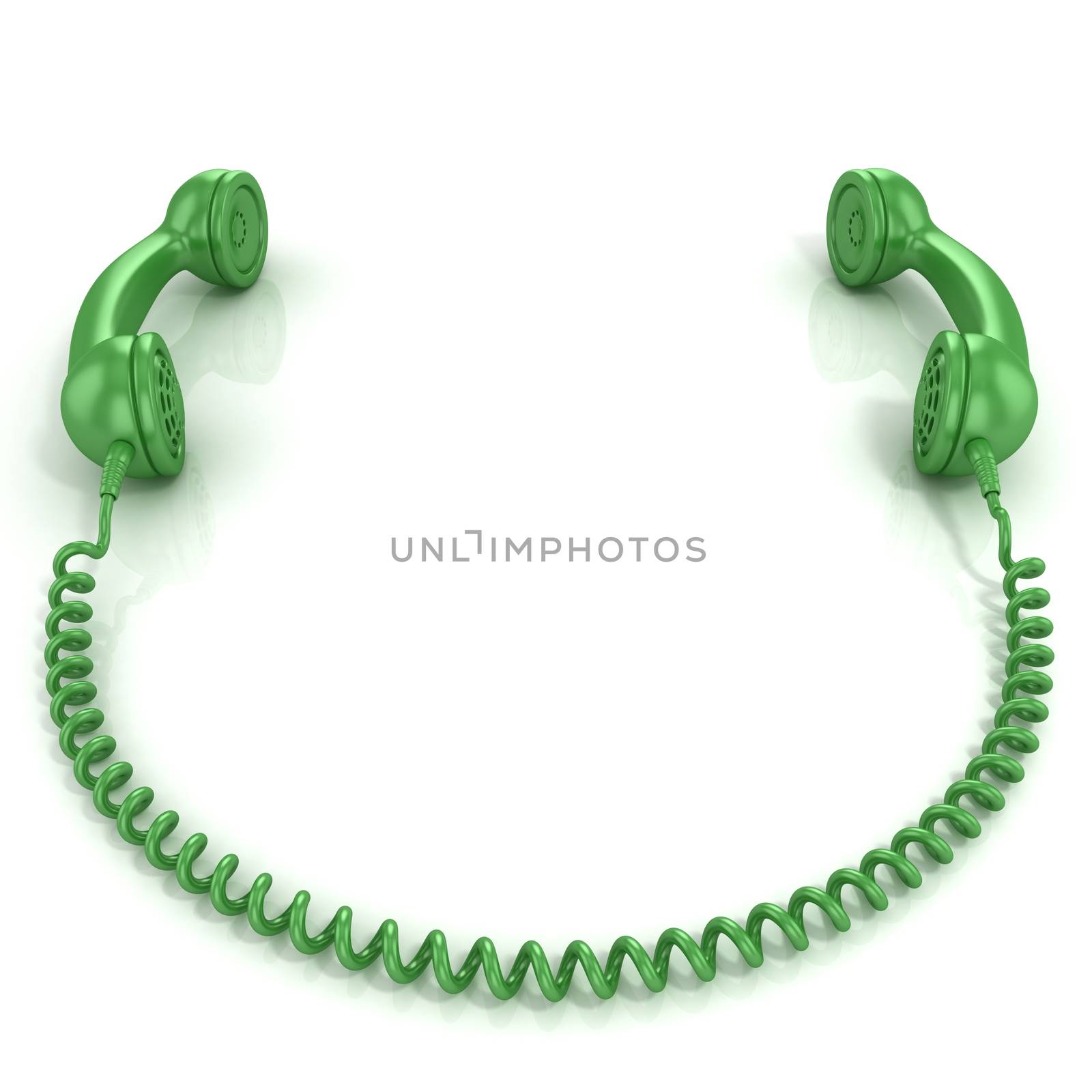 Green old fashion phone handsets connected isolated on white background