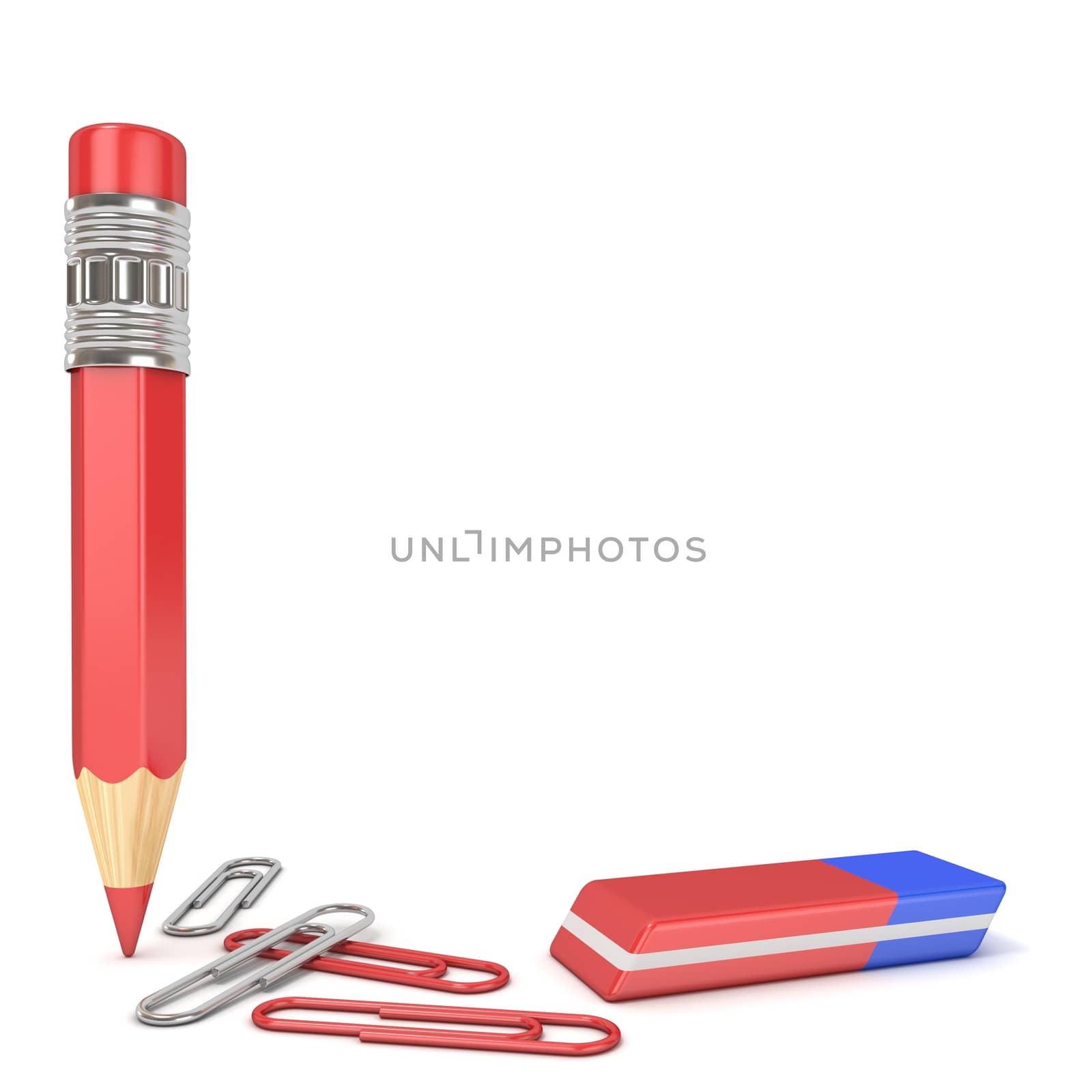 Pencil, eraser and paper clip. 3D render illustration isolated on white background