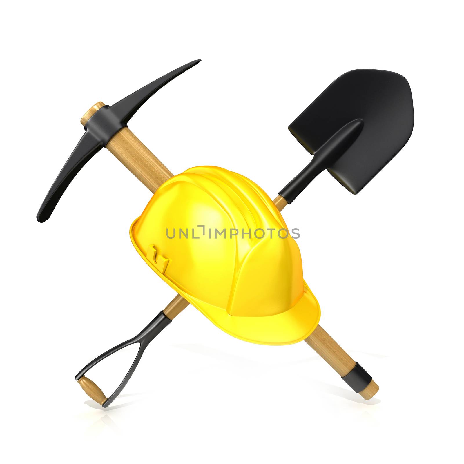 Mining tools, shovel, pickaxe and safety helmet. 3D render illustration, isolated on white background