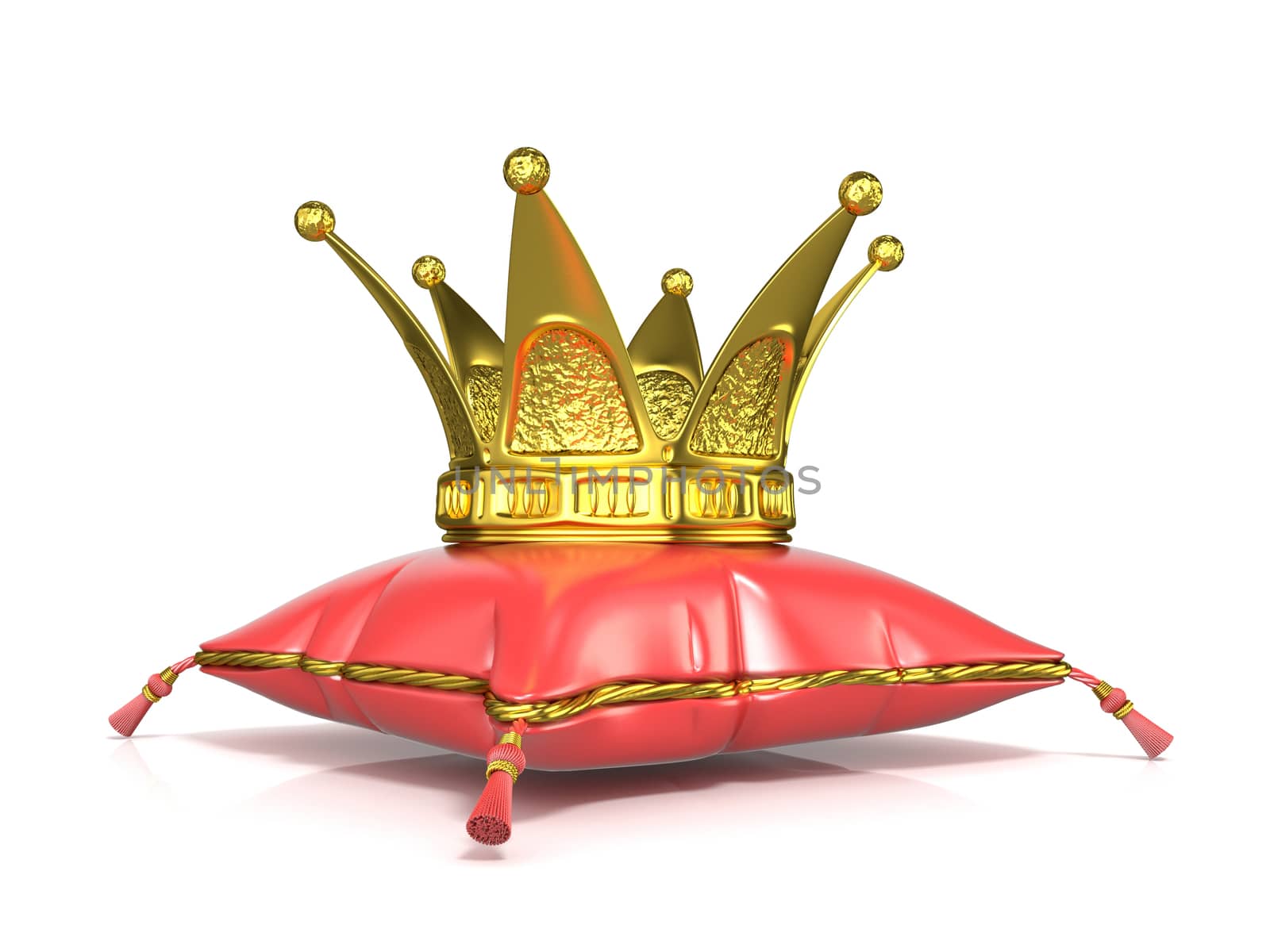 Royal red pillow and golden crown. 3D render illustration isolated on white background