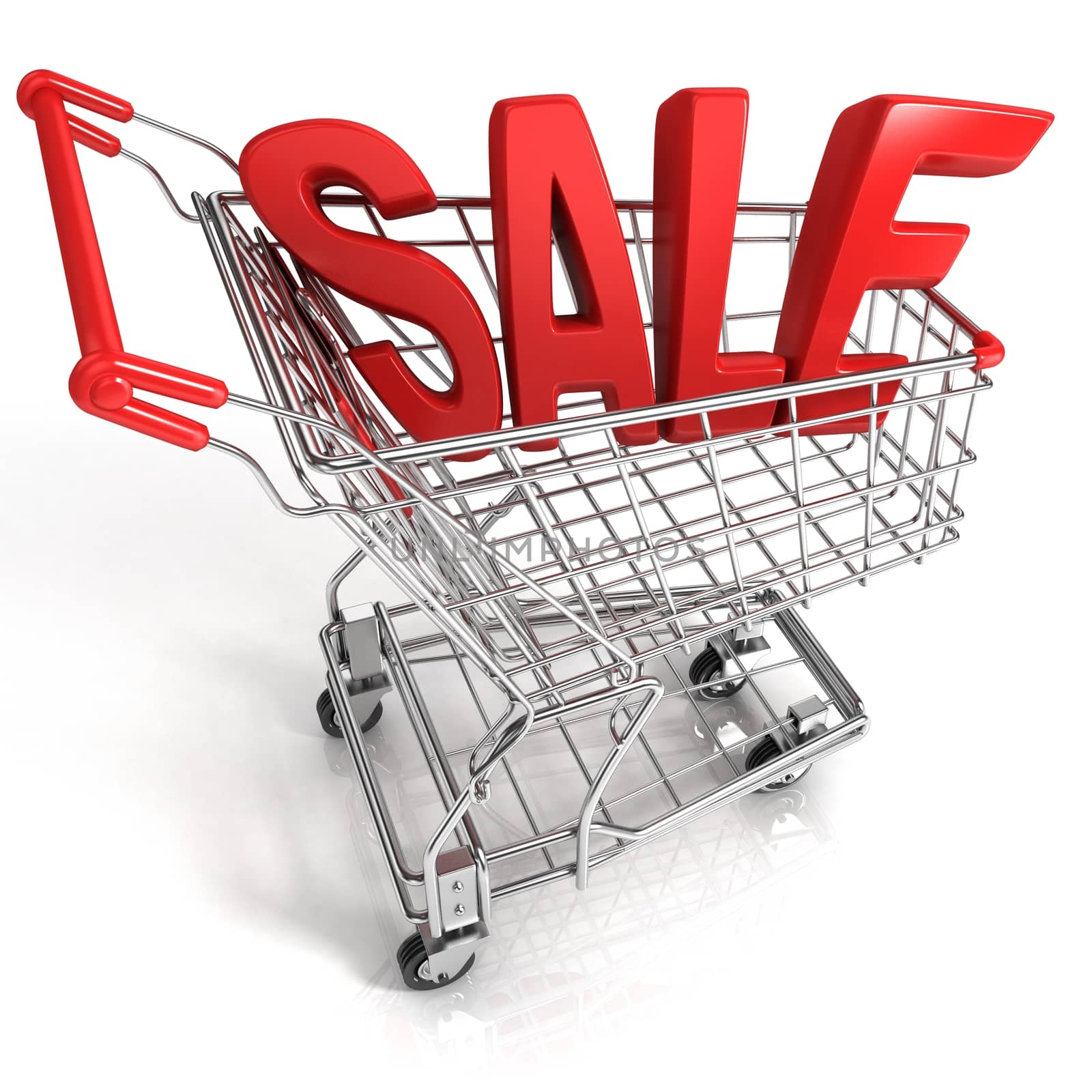 Red shopping cart with sale sign, isolated on white background