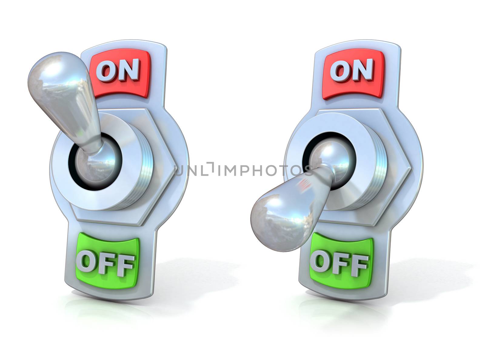 On and off metal toggle switches. 3D render illustration isolated on white background.