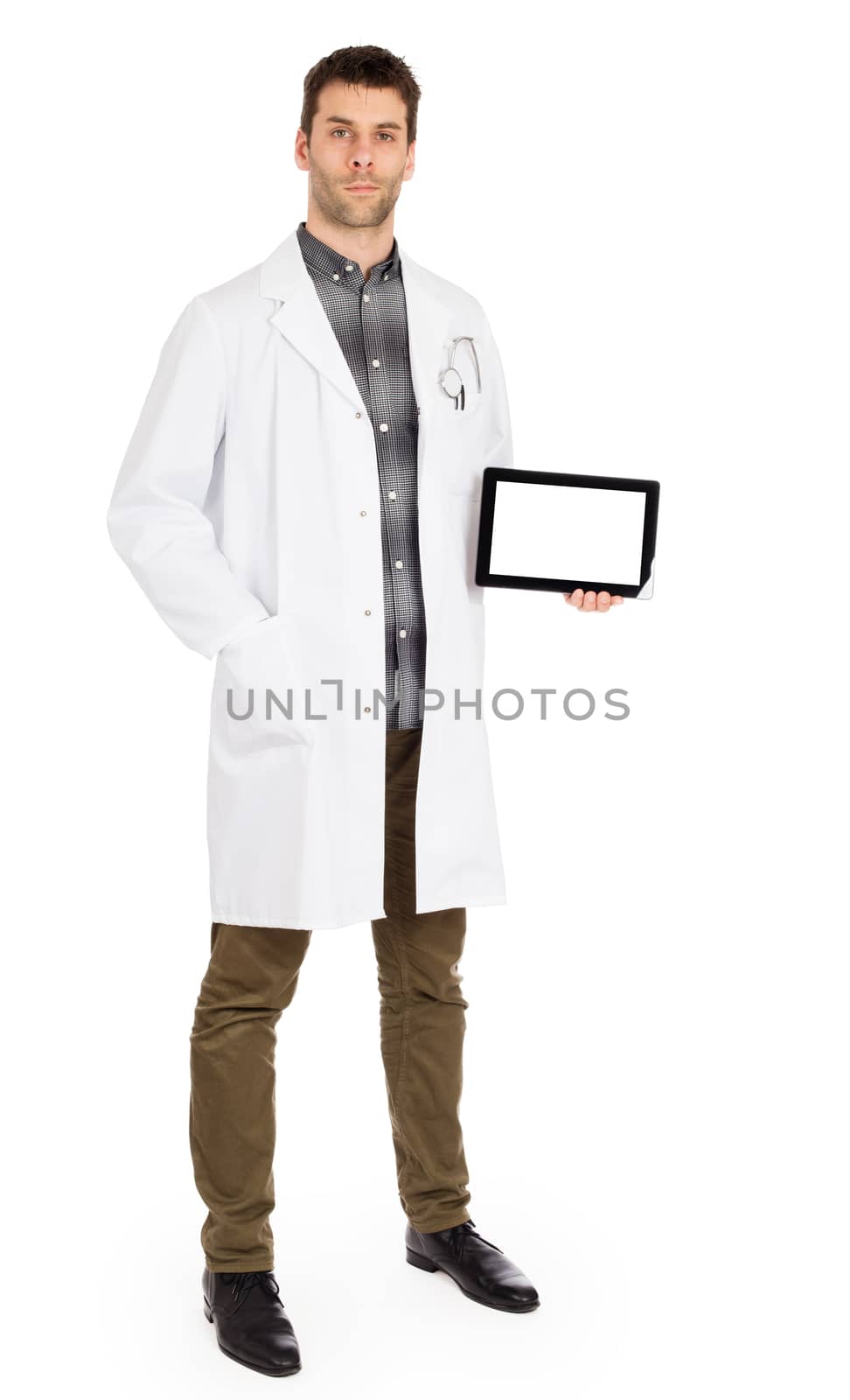 Doctor holding tablet with copy space and clipping path for the  by michaklootwijk