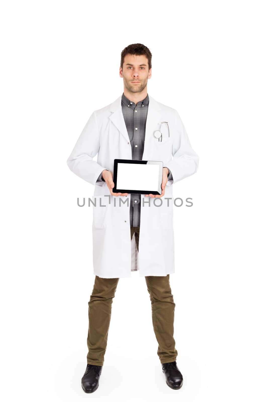 Doctor holding tablet with copy space and clipping path for the  by michaklootwijk