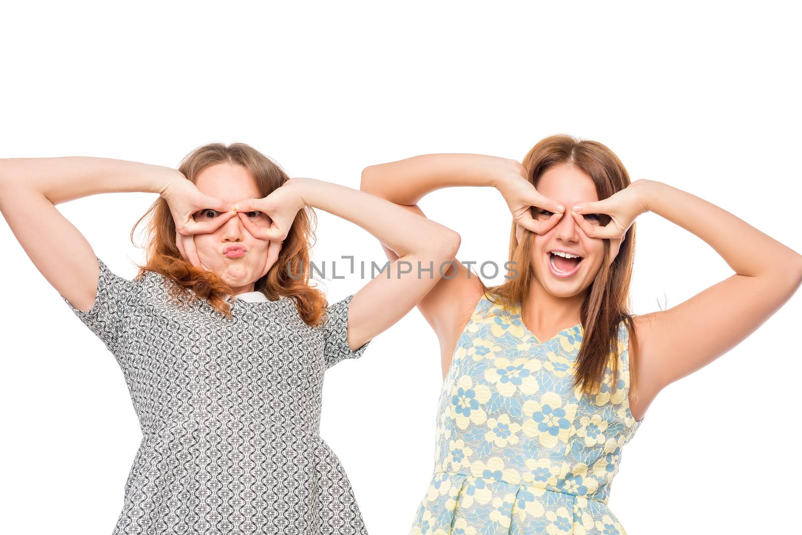 two friends with funny grimace on white background