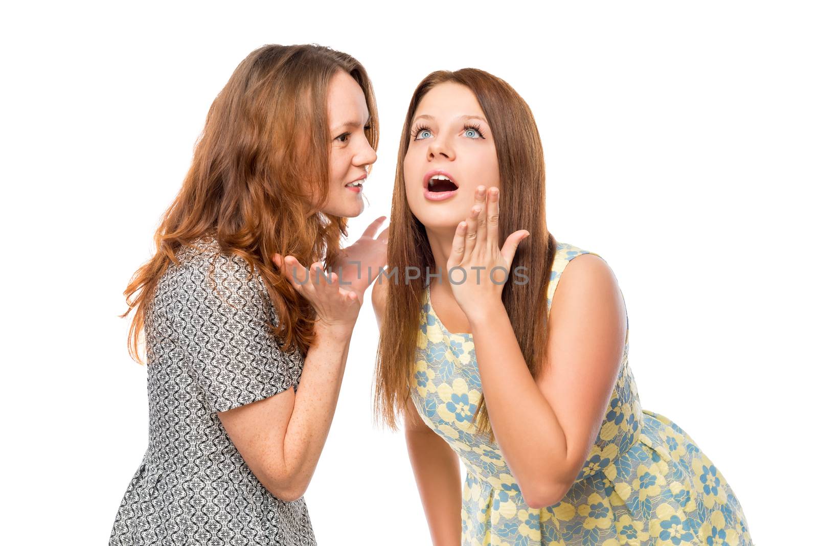 the girl told her friend shocking news on a white background