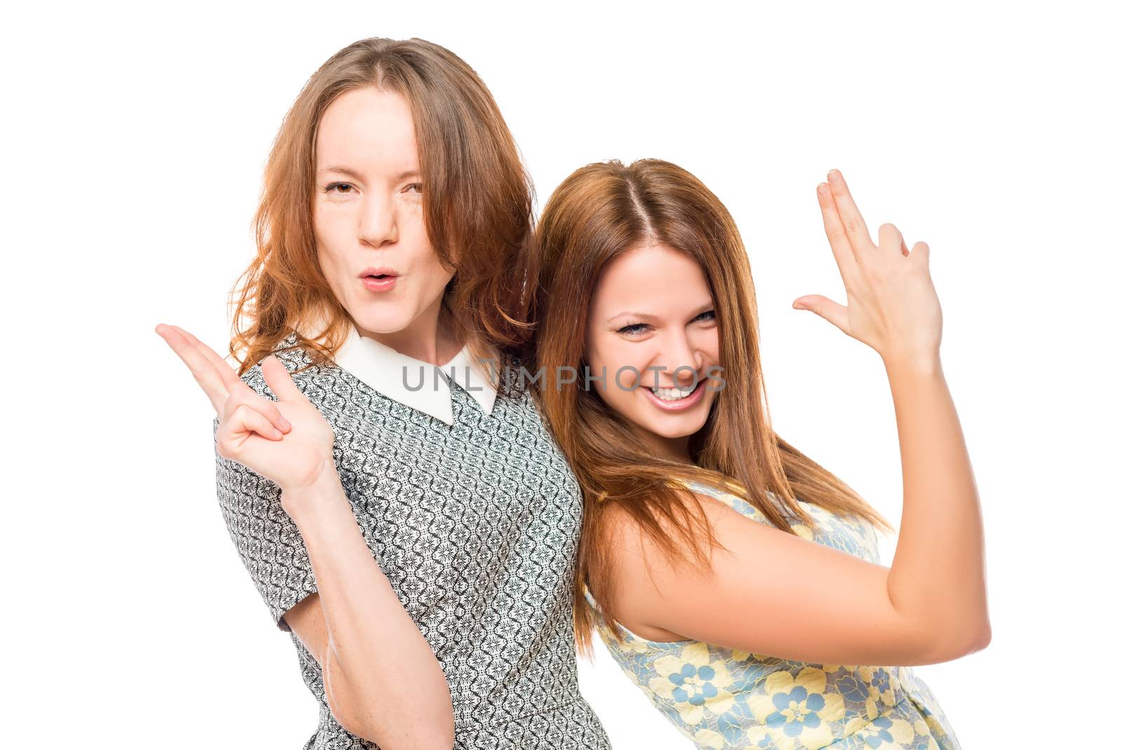 best friends having fun, portrait on a white background