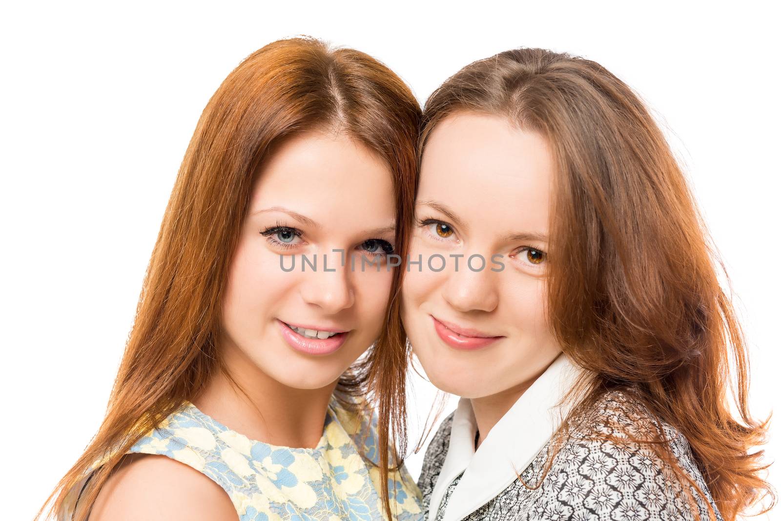 portrait of best friends, close-up on a white background