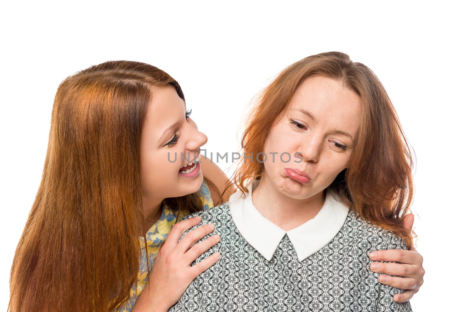 sad girl and her best friend on the white background isolated