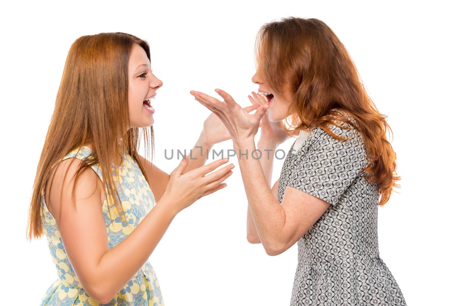 emotional girl shouting and arguing on a white background isolated