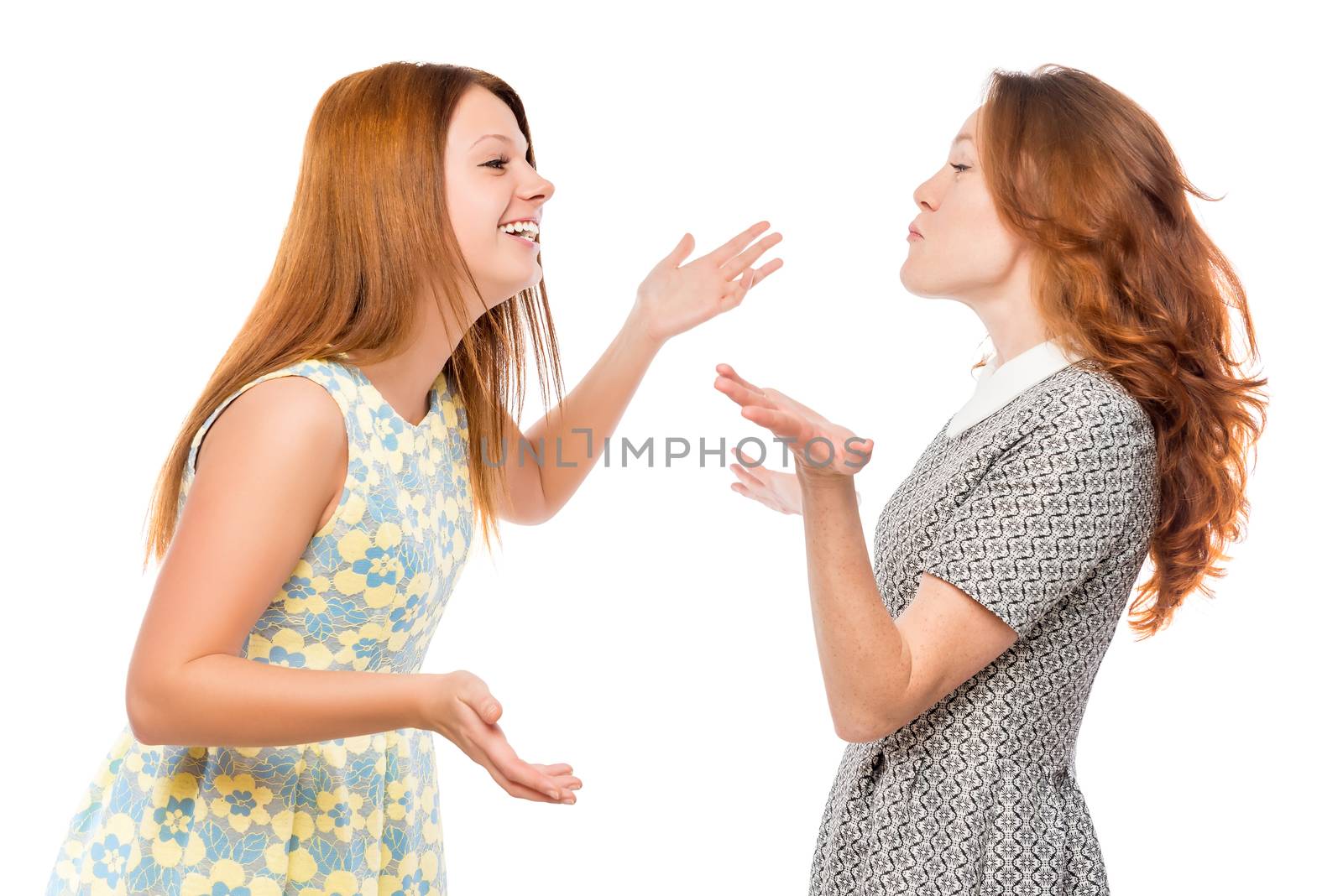 best friends are arguing on a white background isolated