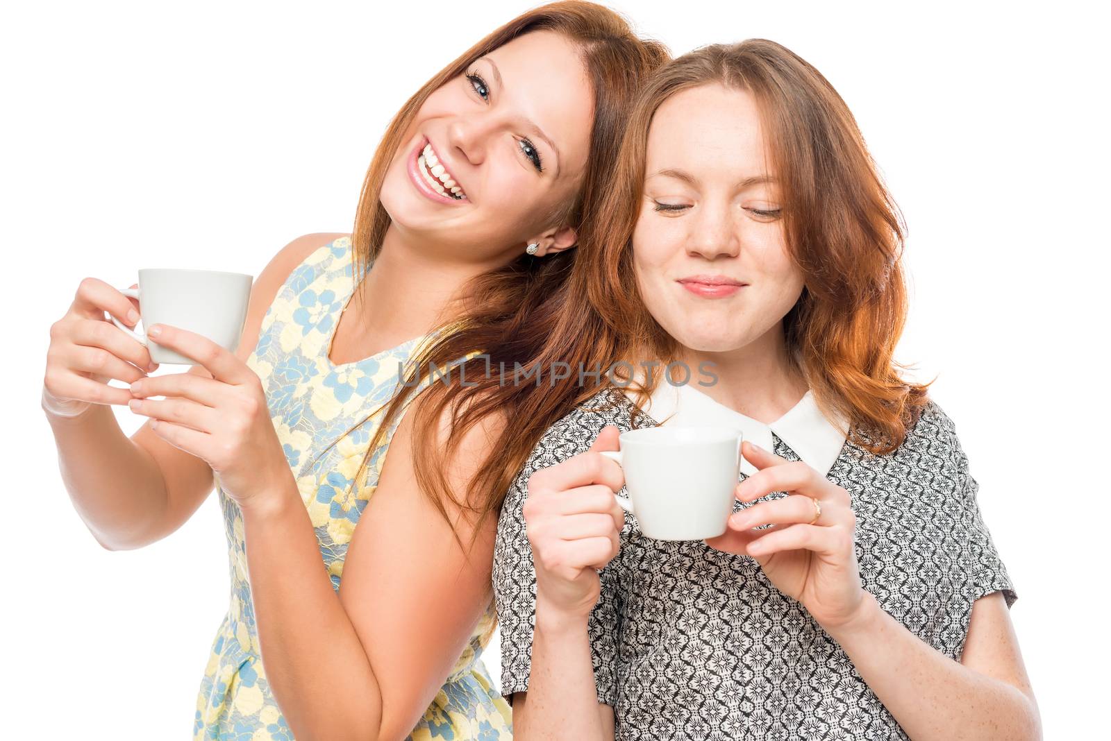 best friends with cups on white background