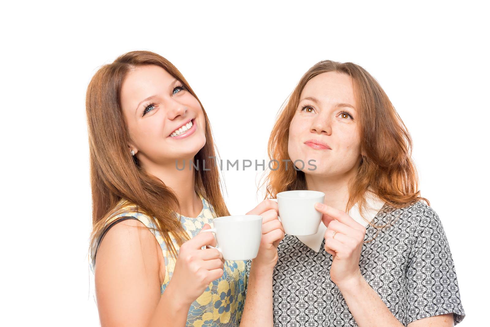 dreamy girl with a cup of tea on a white background