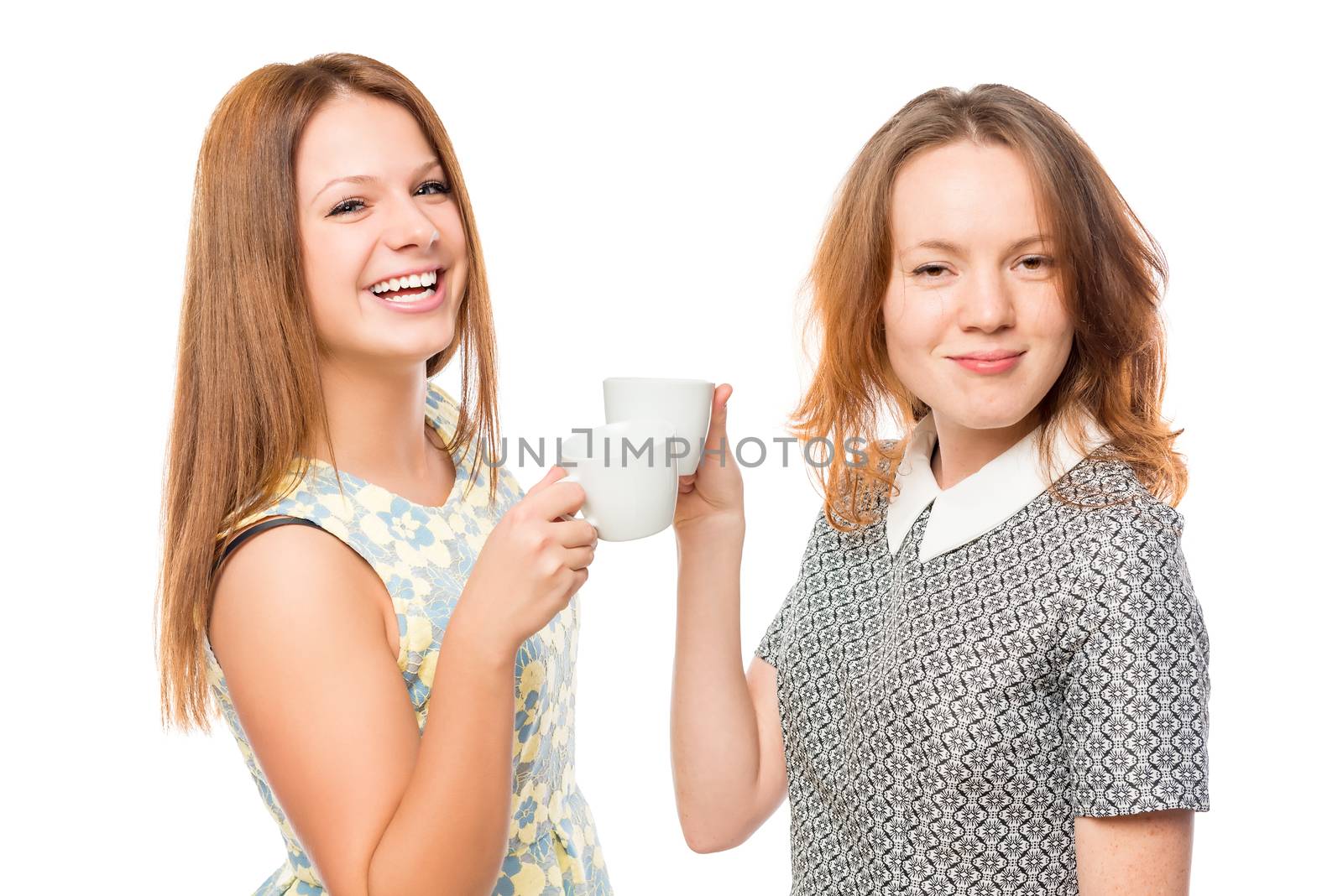 emotional beautiful girl a break for coffee on a white background