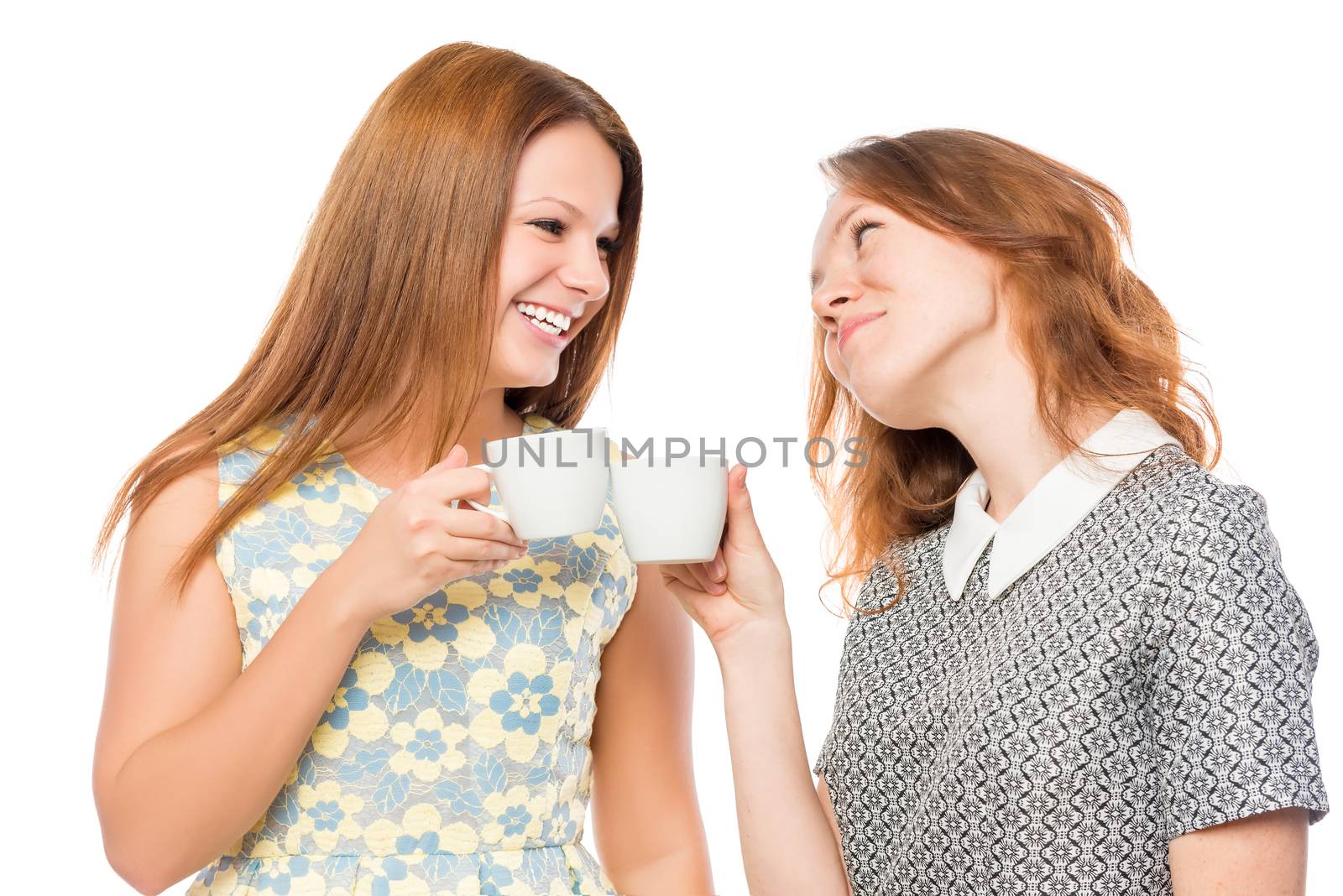 best friends meet for a cup of tea, a portrait on a white background isolated