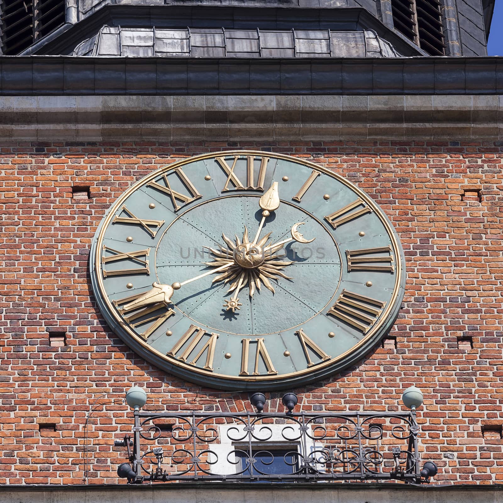 Clock on Hall Tower on Main Market Square , Krakow, Poland.