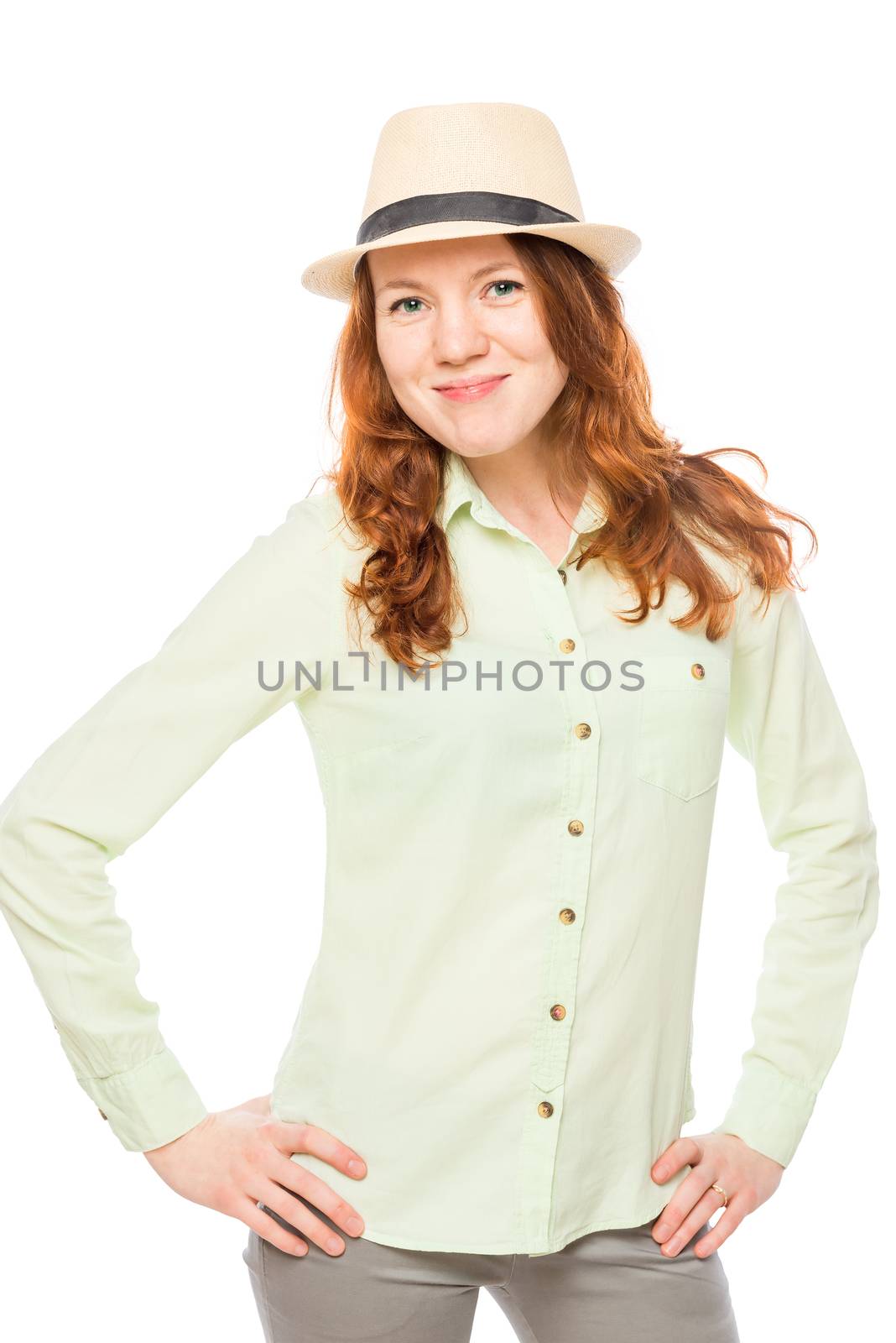 pretty girl with red hair wearing a hat on a white background