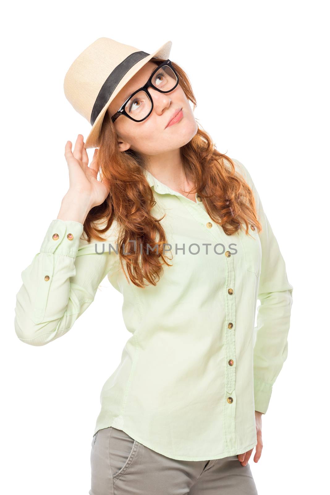 Vertical portrait of stylish girl in a hat on a white background by kosmsos111