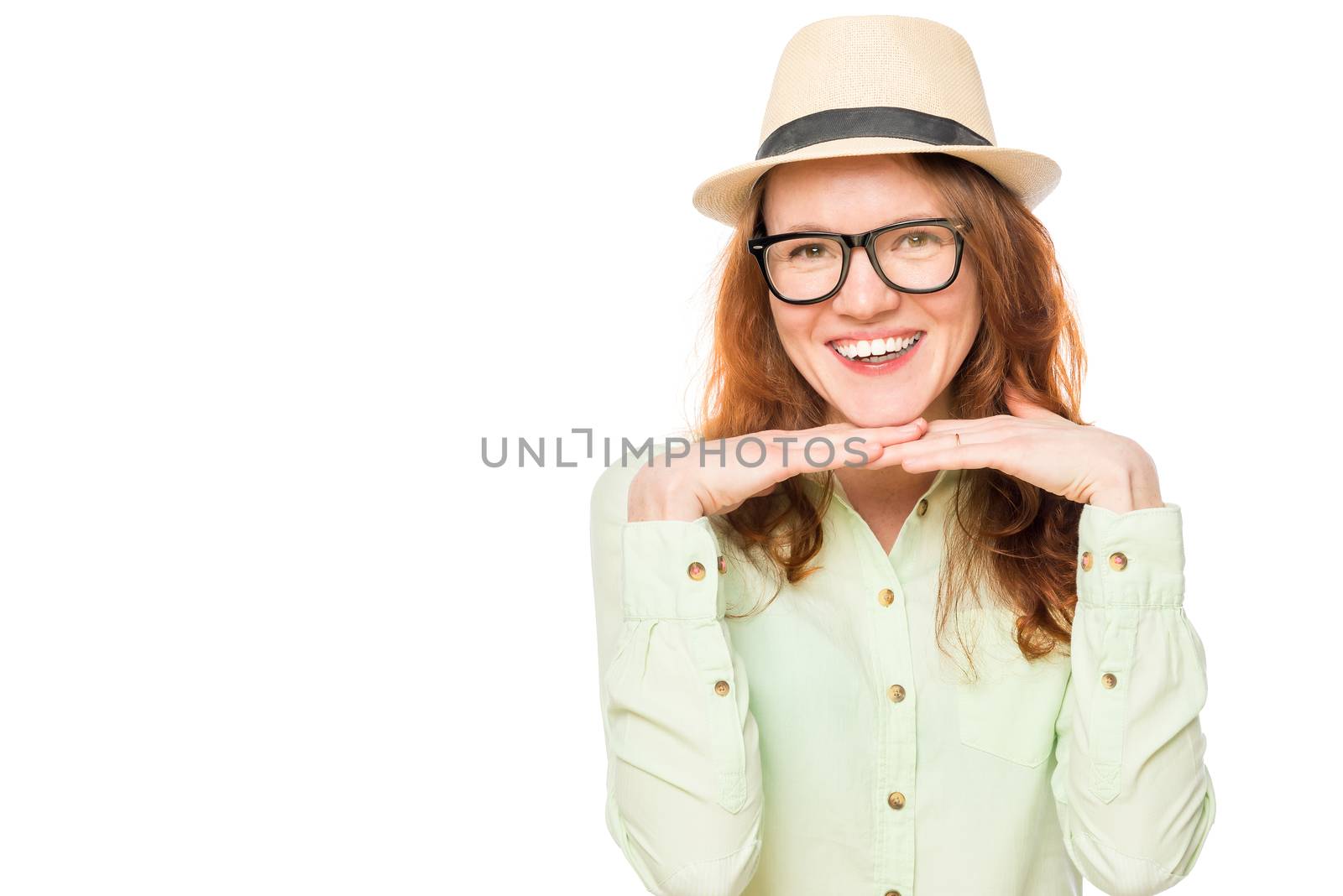 portrait of a girl with glasses on a white background, space on by kosmsos111