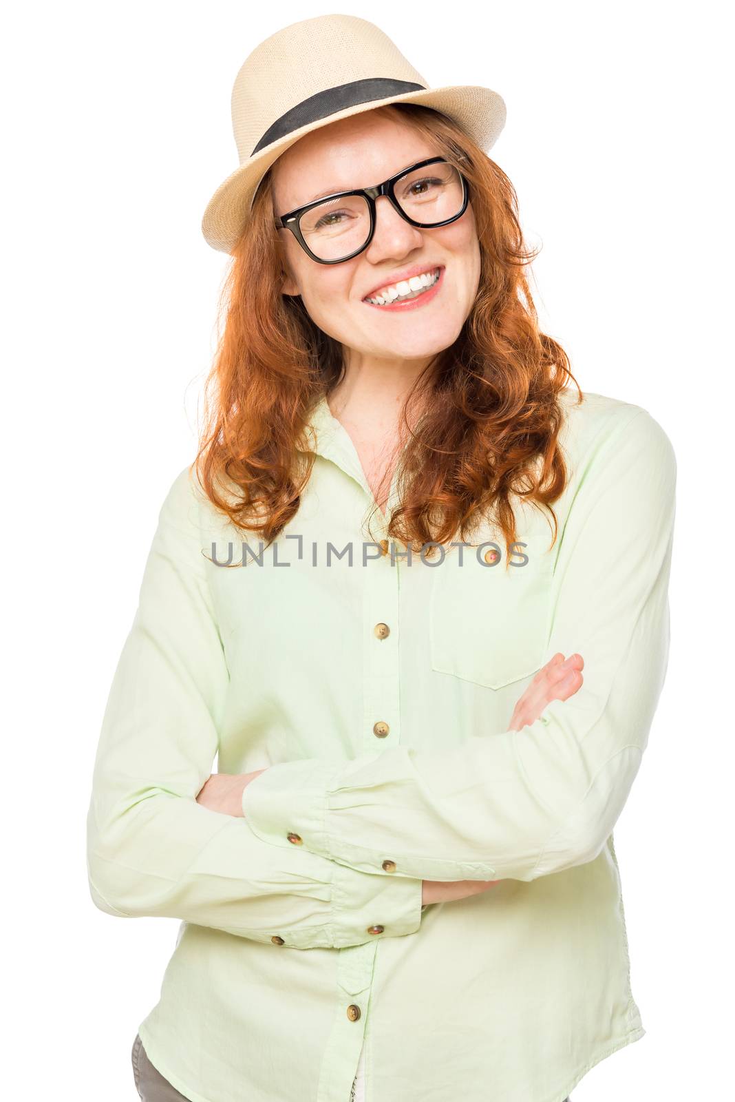 Successful happy woman posing on a white background by kosmsos111