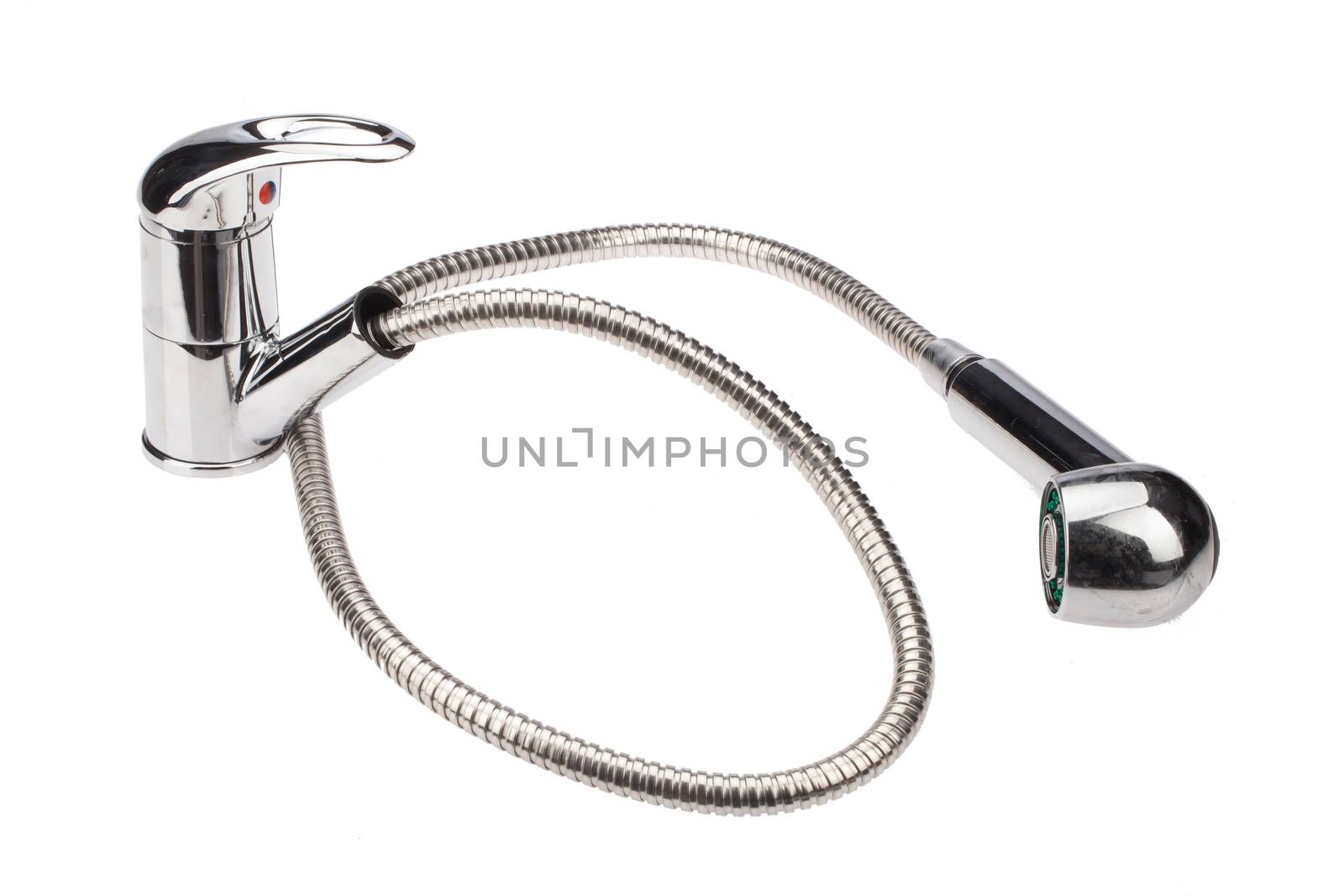 Metal chromium-plated water mixer on an isolated background