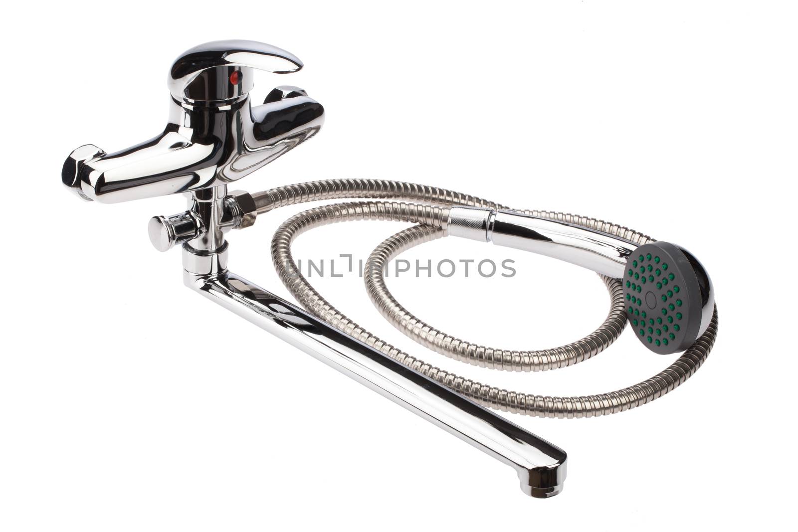 Metal chromium-plated water mixer on an isolated background