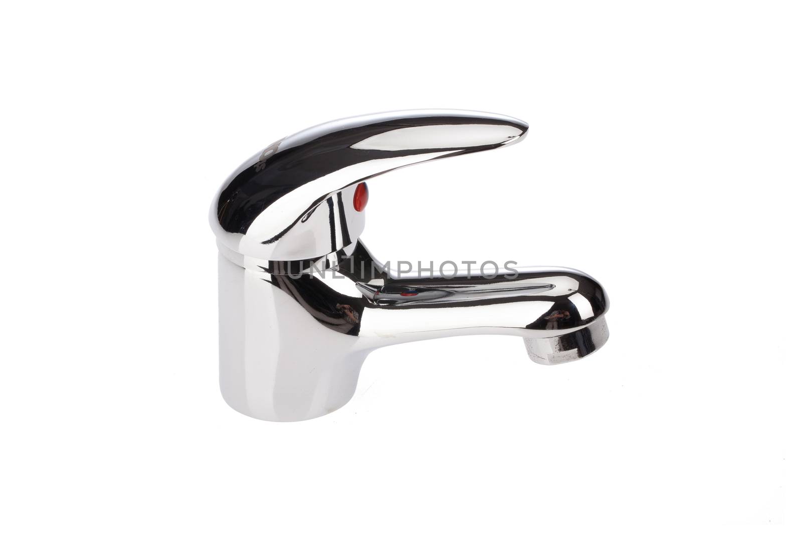 Metal chromium-plated water mixer on an isolated background