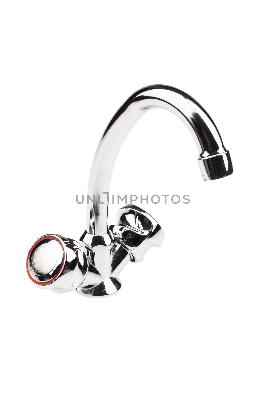 Metal chromium-plated water mixer on an isolated background