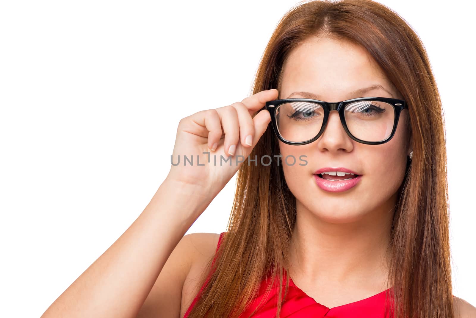 horizontal portrait of charming brunette in glasses on a white b by kosmsos111