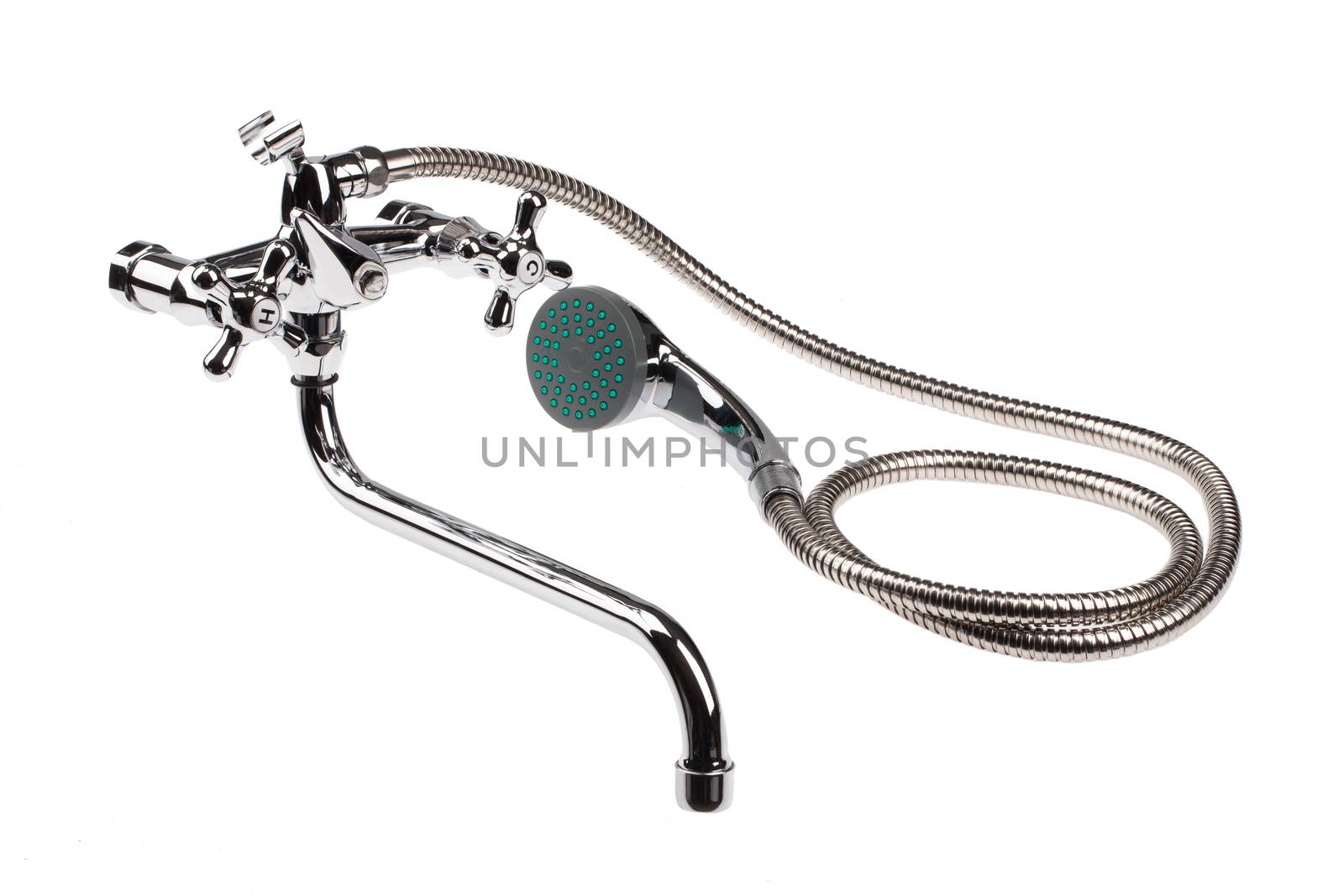 Metal chromium-plated water mixer on an isolated background