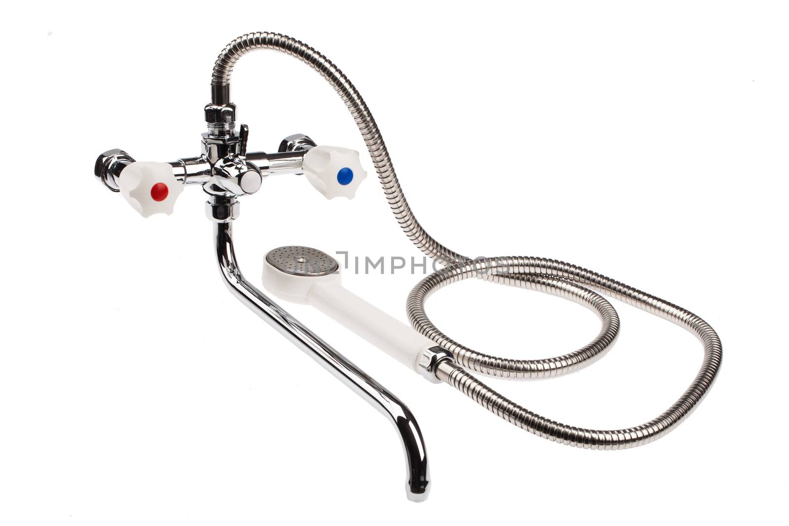 Metal chromium-plated water mixer on an isolated background
