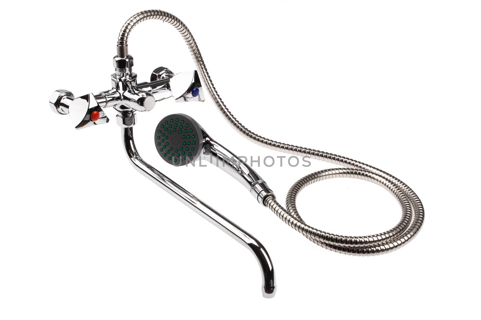 Metal chromium-plated water mixer on an isolated background