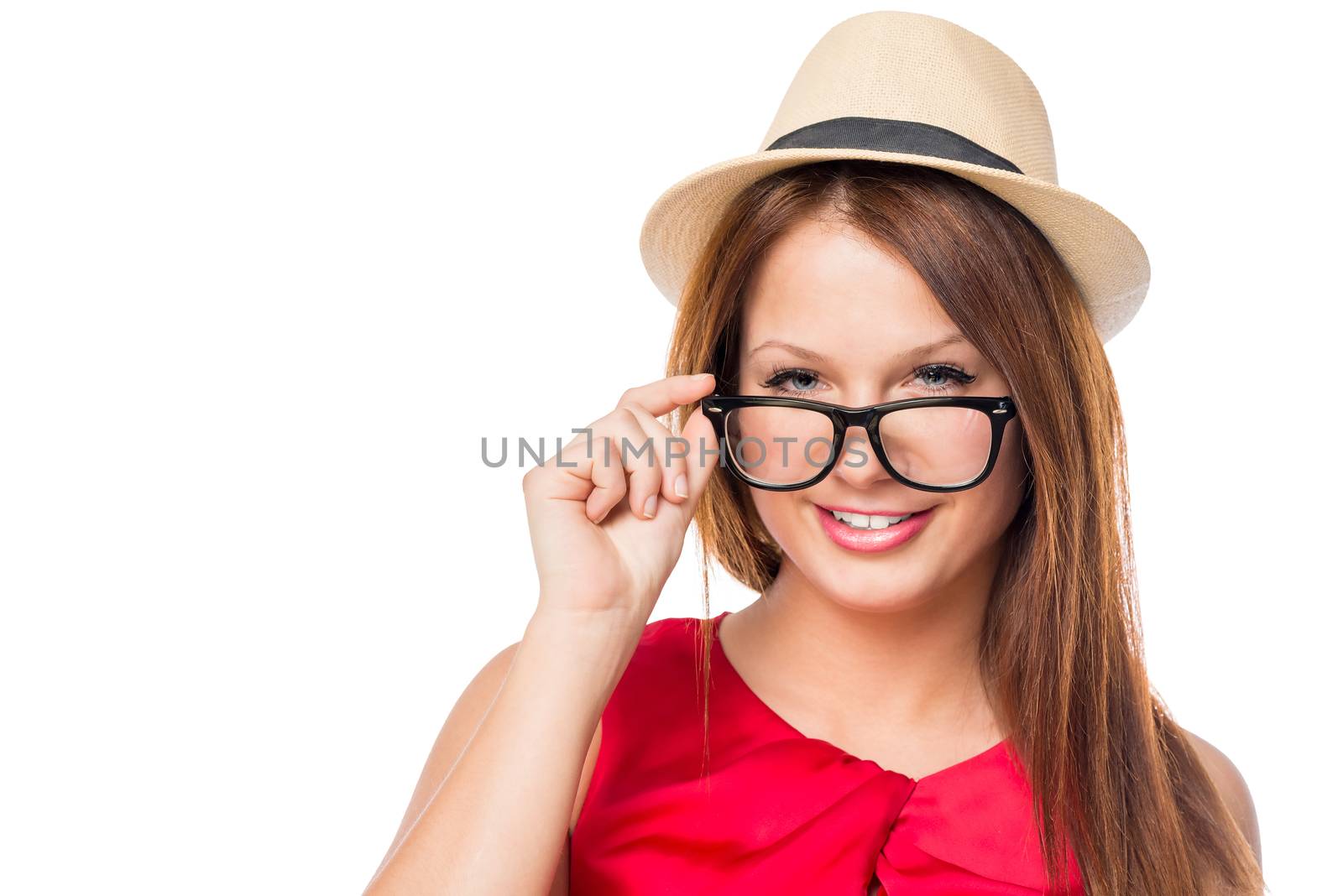 smiling girl in glasses and a hat on a white background by kosmsos111